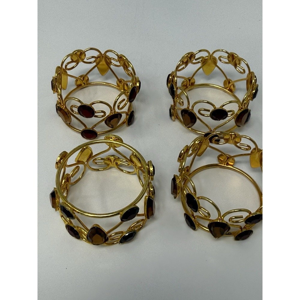 4 Pier One Imports Jeweled Napkin Rings Red & Amber‎ Set In Gold Tone Metal